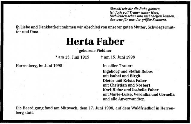 Pildner Herta 1915-1998 Todesanzeige